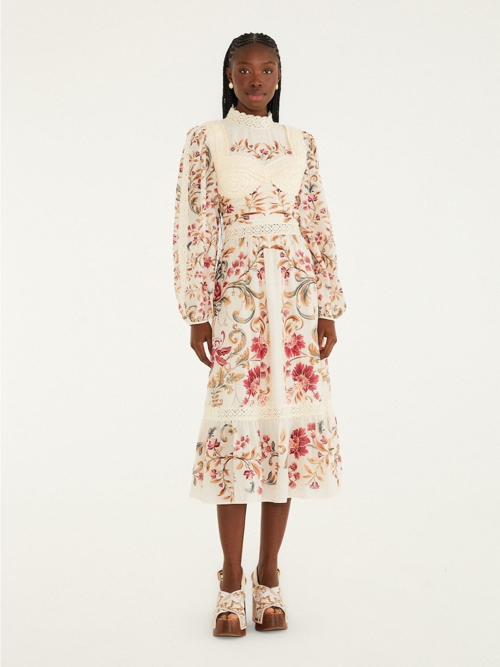 NWT Farm Rio Cream Royal Garden Long Sleeve Crochet Dress Malu Winter White S